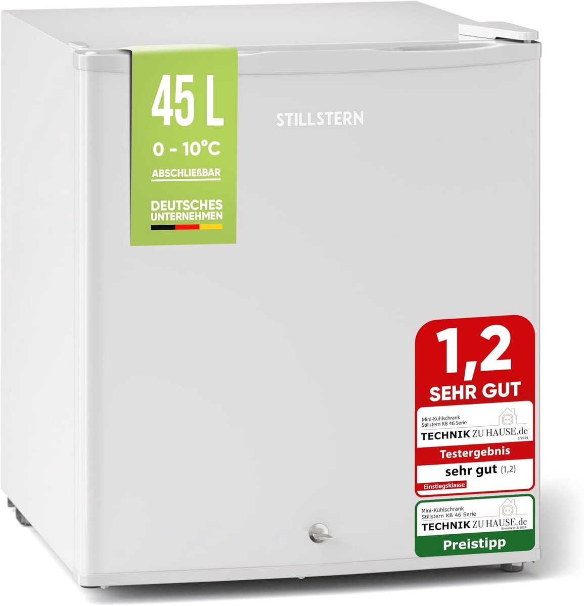 Stillstern Mini-Koelkast E 45L met Automatische Ontdooiing, Slot, Vriesvak, stil, ideaal voor keuken, kantoor, slaapkamer, hotels en kleine appartementen Kleine koelkast Minibar Drankkoelkast Zilver [Energieklasse E]