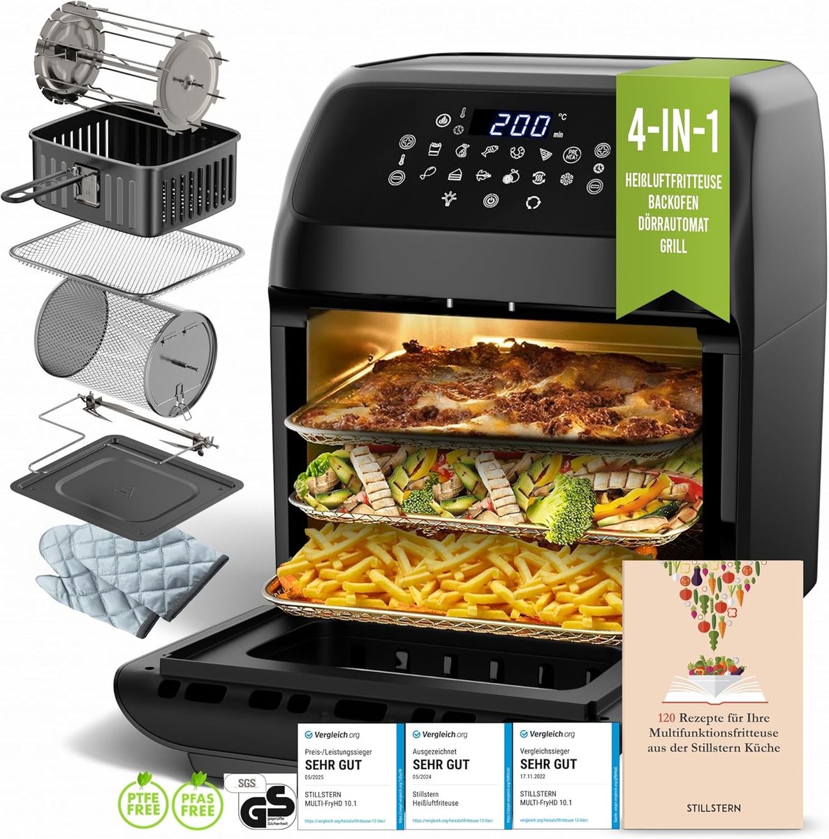 Stillstern Heteluchtfriteuse 12 l met led-touchscreen, XXL-receptenboek in het Duits, 12 programma's, voorverwarmen en warmhouden, 1800 W heteluchtfriteuse Air Fryer XXL zonder olie Drogen Minibakoven Campinggrill