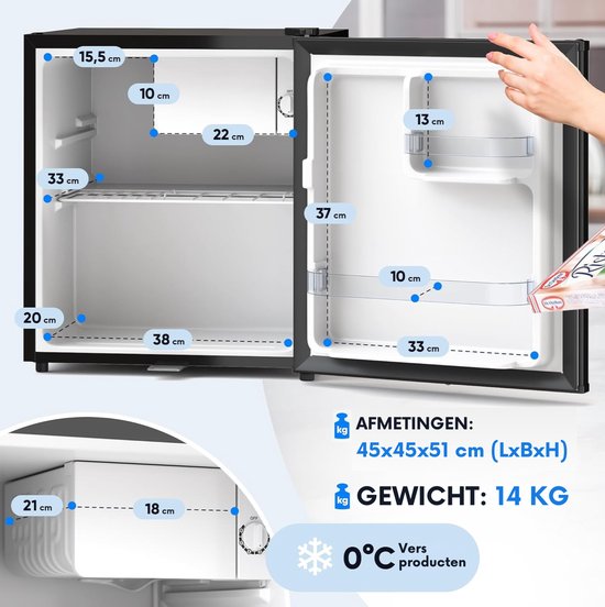 Stillstern - Mini-Koelkast - E - 45L - met Automatische Ontdooiing - Slot - Vriesvak - stil - ideaal voor keuken, kantoor, slaapkamer, hotels en kleine appartementen - Kleine koelkast - Minibar - Drankkoelkast van Stillstern — afbeelding 4