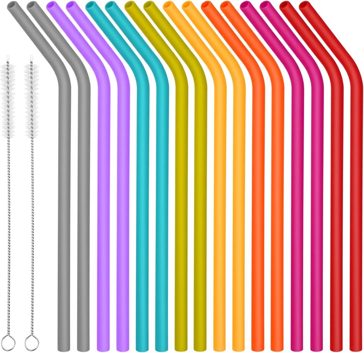 16 Kleurrijke Herbruikbare Siliconen Rietjes Inclusief 2 Schoonmaakborstels