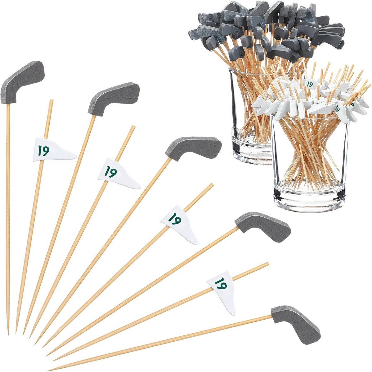 200x Cocktail Prikkers in Golfbal & Club Design - Houten Spiesjes voor Hapjes en Drankjes