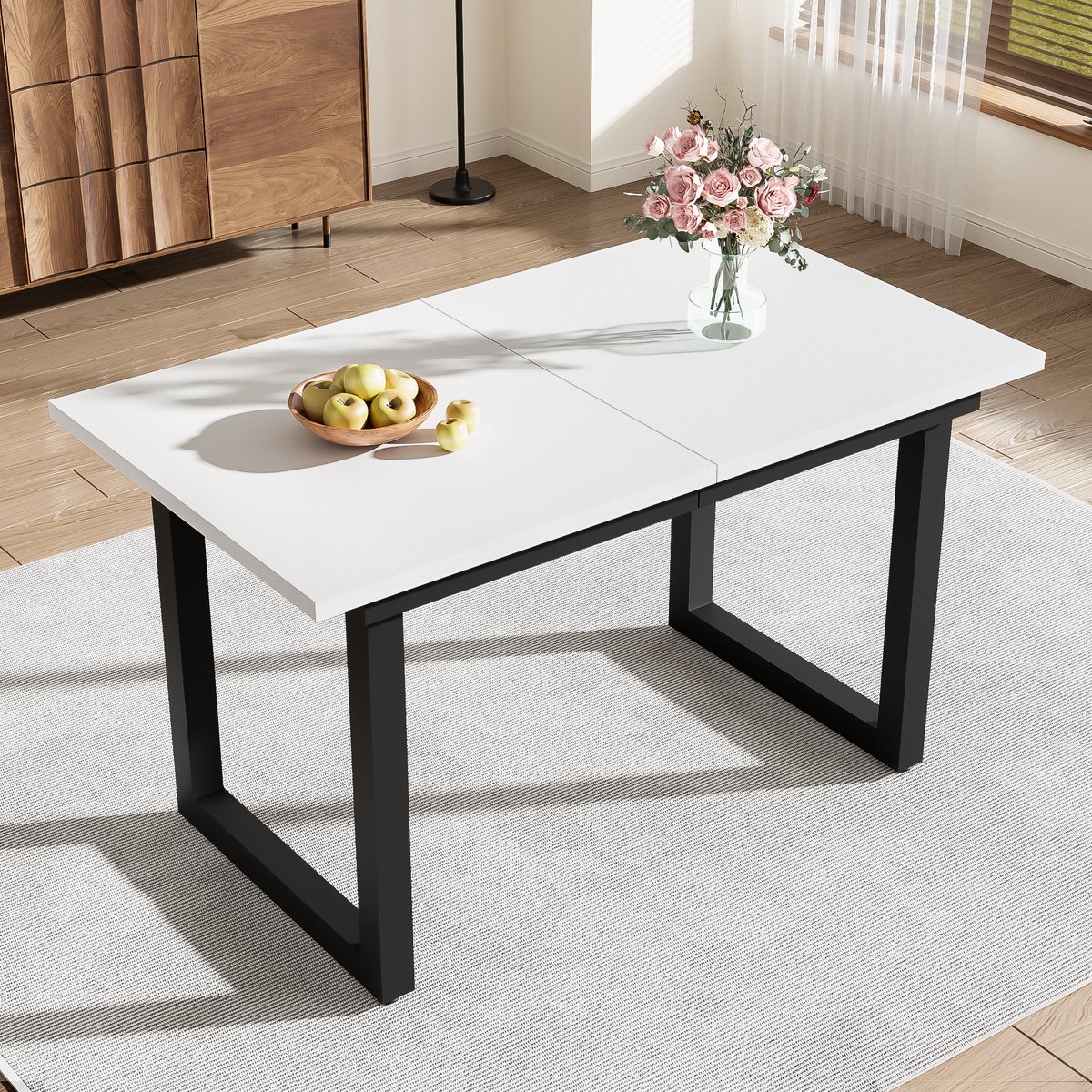 OKWISH Eettafel – Uitbreidbare Industriestijl – 140/180×80×75 cm – Rechthoekig – MDF Wit+Zwart – Stalen Frame – 60 kg Draagkracht