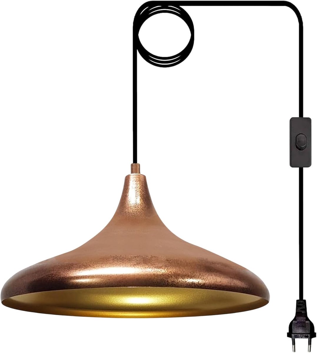 Bamyum Champion Hanglamp Met Stekker Industrieel Metaal Ø35 cm, 450 cm Snoer, Vintage Hanglamp, E27 Pendellamp