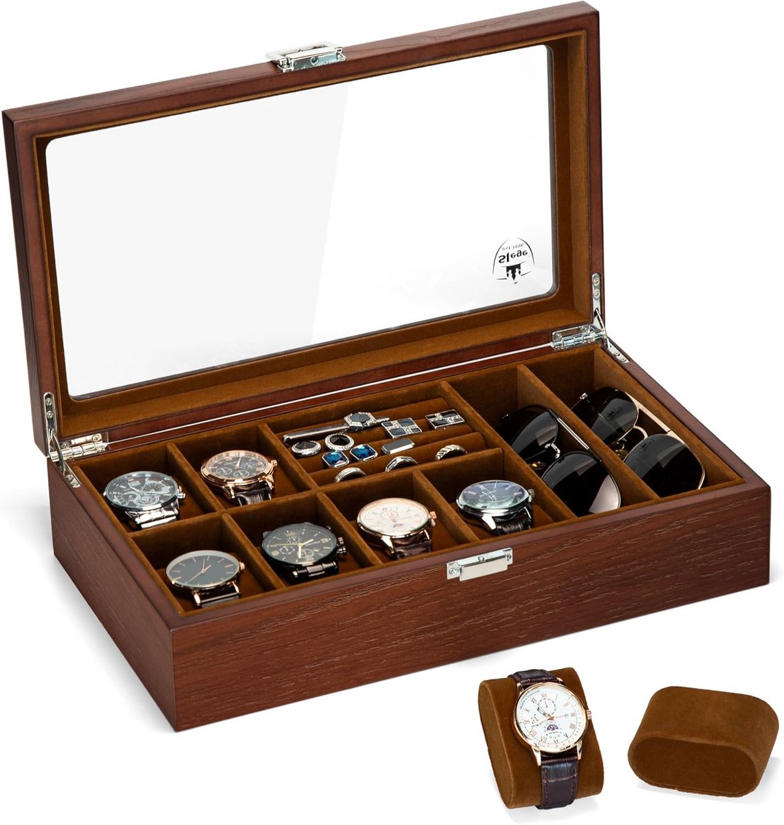 Luxe Houten Horlogedoos voor 6 Horloges met Glazen Deksel - Sieraden Opbergkoffer
