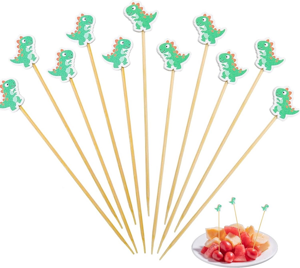 100 houten cocktailprikkers 12 cm - Dinosaurus spiesjes voor fruit, hapjes en decoratie