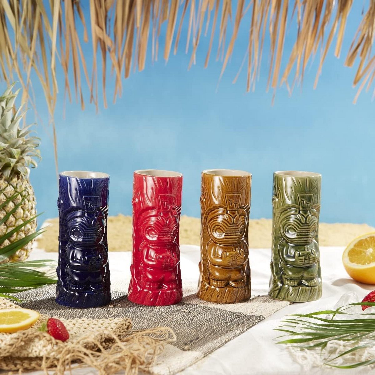 Set van 4 Keramische Tiki Bekers - Hawaiiaanse Cocktailglazen