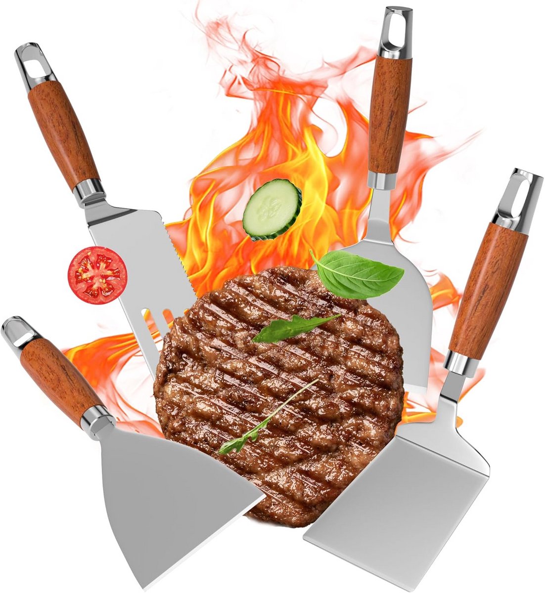 Spatel Set RVS voor Grill, Plancha en Teppanyaki - 4 Delige Keukengerei Set