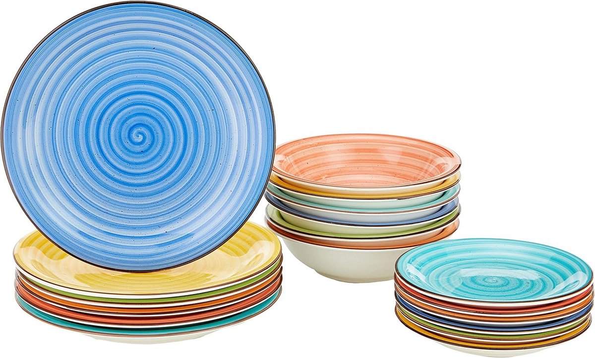 Servies Set voor 6 Personen: 18 Delig Steengoed, Handgeschilderd en Multicolor