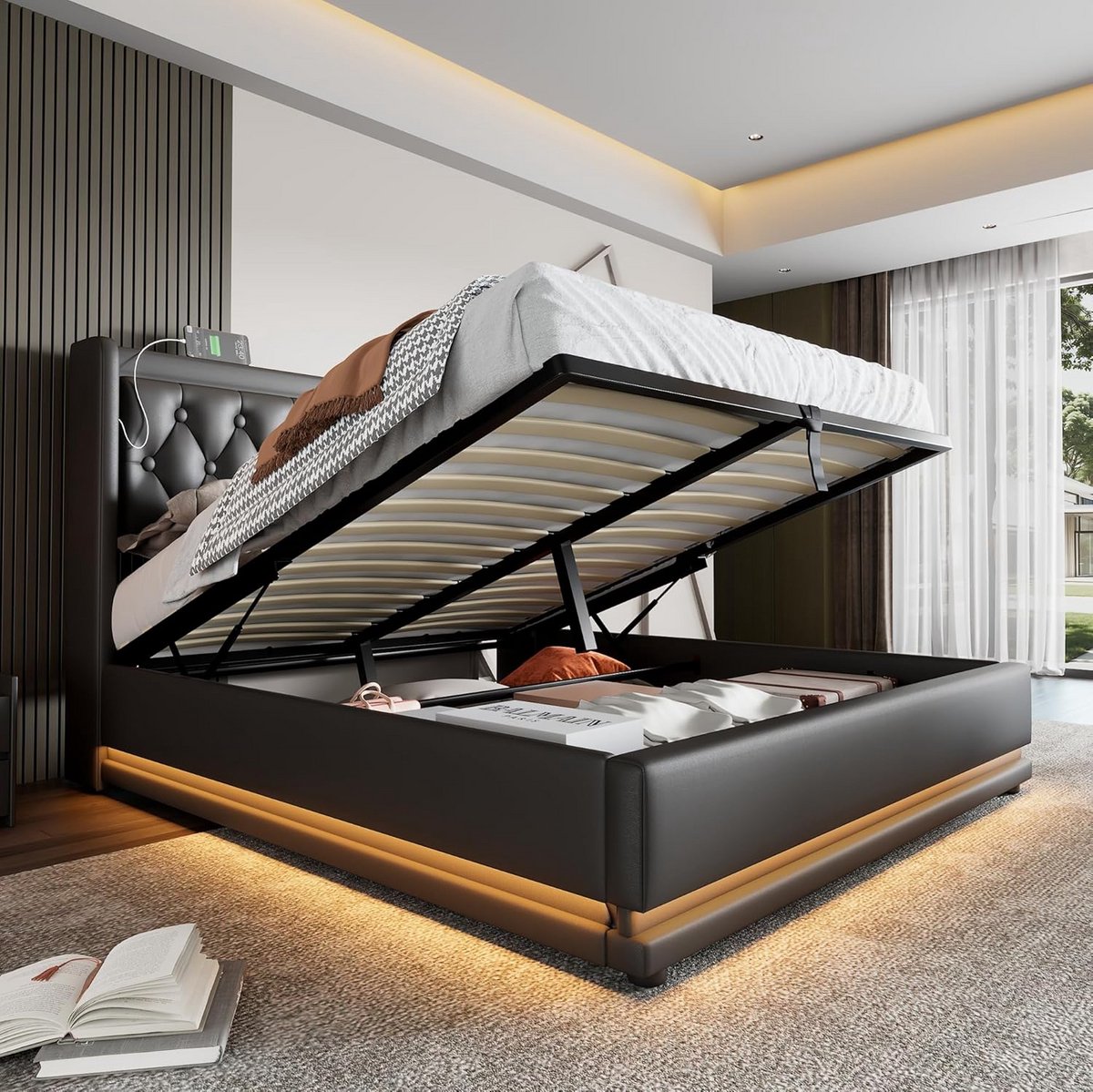 Tweepersoonsbed 140x200 cm met Opbergruimte en Gestoffeerd Hoofdbord, Zwart