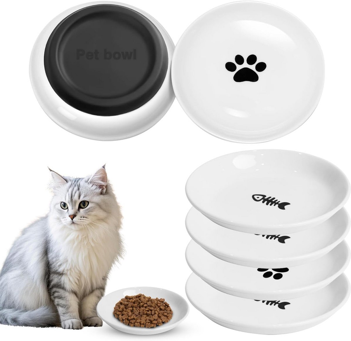 Set van 6 Platte Keramische Voerbakjes voor Katten en Kleine Honden met Antislip Bodem
