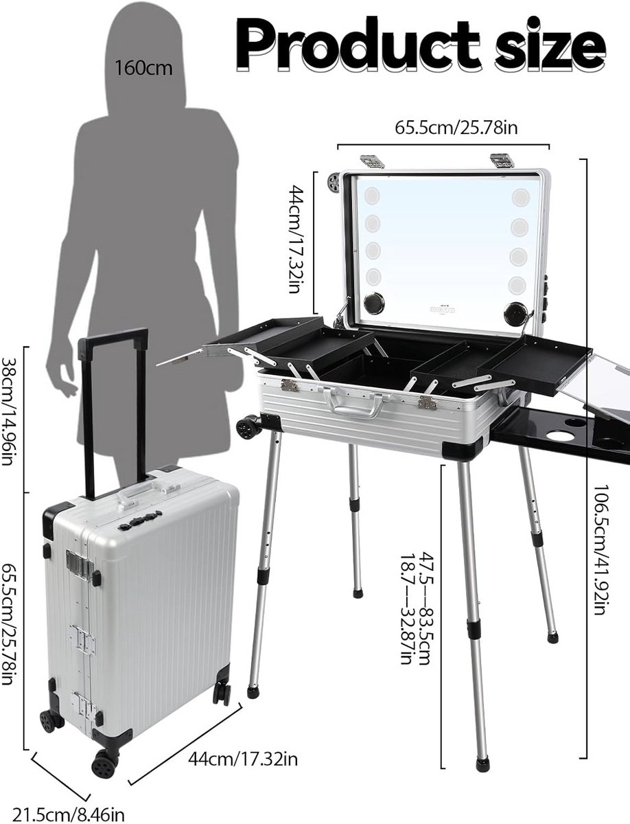 Grote Verrijdbare Make-up Trolley met Verlichte Spiegel en Bluetooth