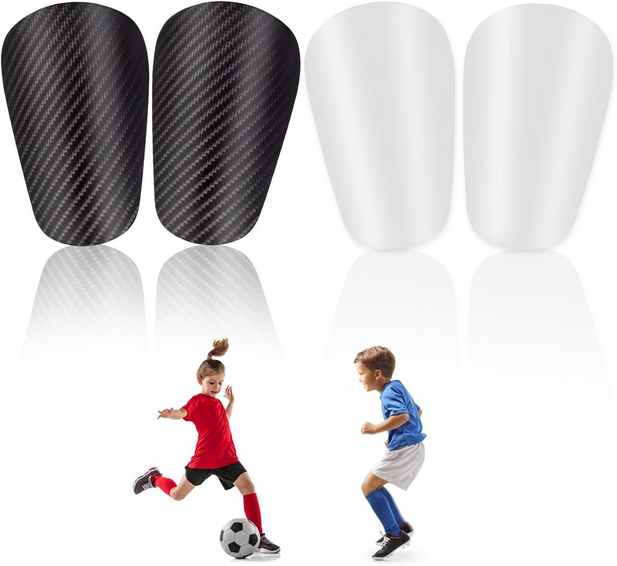 4x Mini Scheenbeschermers Voetbal voor Kinderen - Inclusief Kniekousen - Donkergrijs & Wit