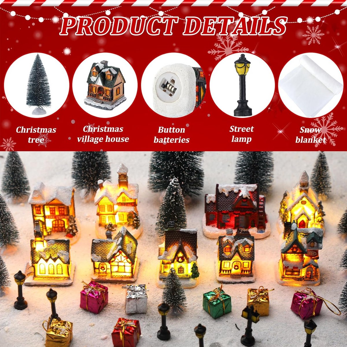 48 Delen Verlichte Kerstdorp Set: Miniatuur Huisjes, Kerstbomen en Sneeuwkleed voor DIY Kerstdecoratie – foto 6