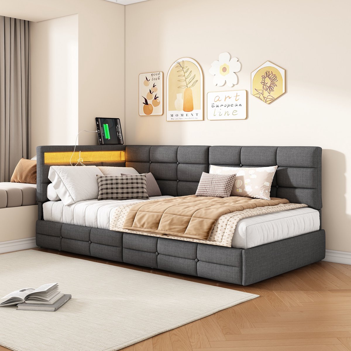 Gestoffeerd bed 90 x 200 cm, eenpersoonsbed met opbergruimte, slaapbank met 2 lades, chaise longue met led- en usb-aansluiting, kinderbed met lattenbodem, linnen, zonder matras (grijs, 90 x 200 cm)