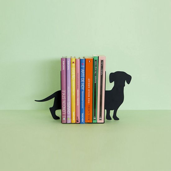 Zwarte teckel boekensteun met boeken in regenboogkleuren.