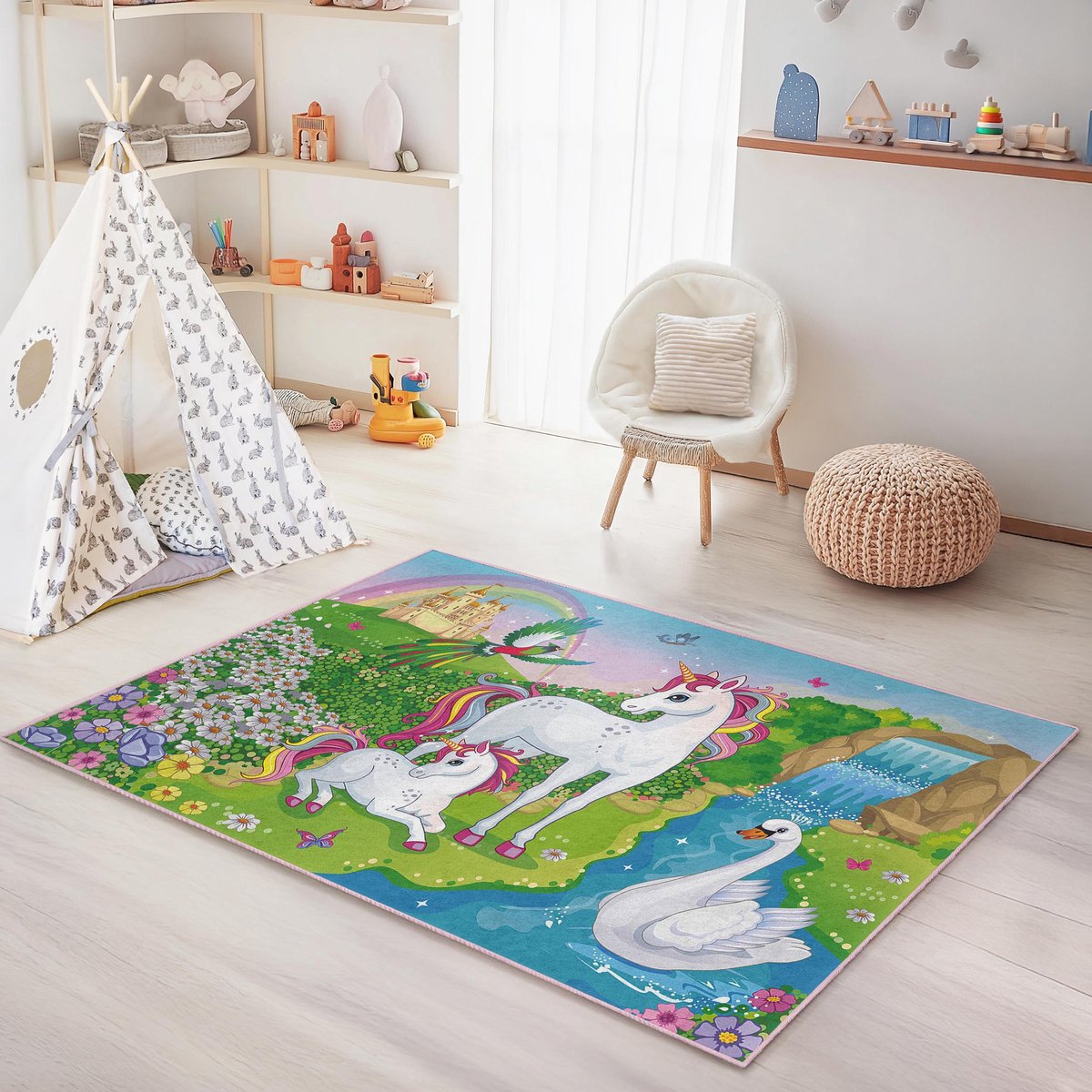 Mila Home Eenhoorn Wereld - Kindertapijt Vloerkleed voor Kinderkamer - Wasbaar - Antislip - OEKO-TEX Gecertificeerd - Groen Multicolor - 100x200 cm - (333 2)