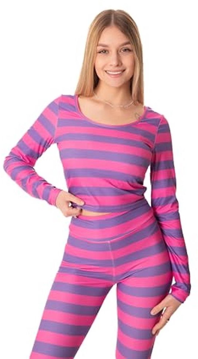 Gestreept kattenkostuum voor dames - crop top shirt en legging voor Halloween cosplay 2024