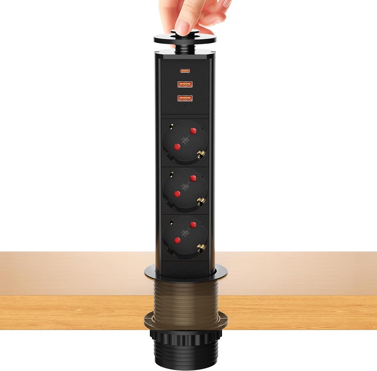 Intrekbare Tafelstopcontact met USB-C PD 20W – Ruimtebesparend Stopcontact voor Keuken, Kantoor en Werkplaats met 1,8 m Kabel