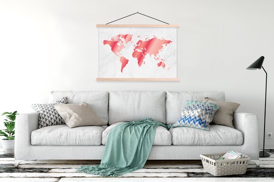 Posterhanger incl. Poster 120x80 cm - Schoolplaat - Wereldkaart - Roze - Marmer - Textielposter - Blanke latten