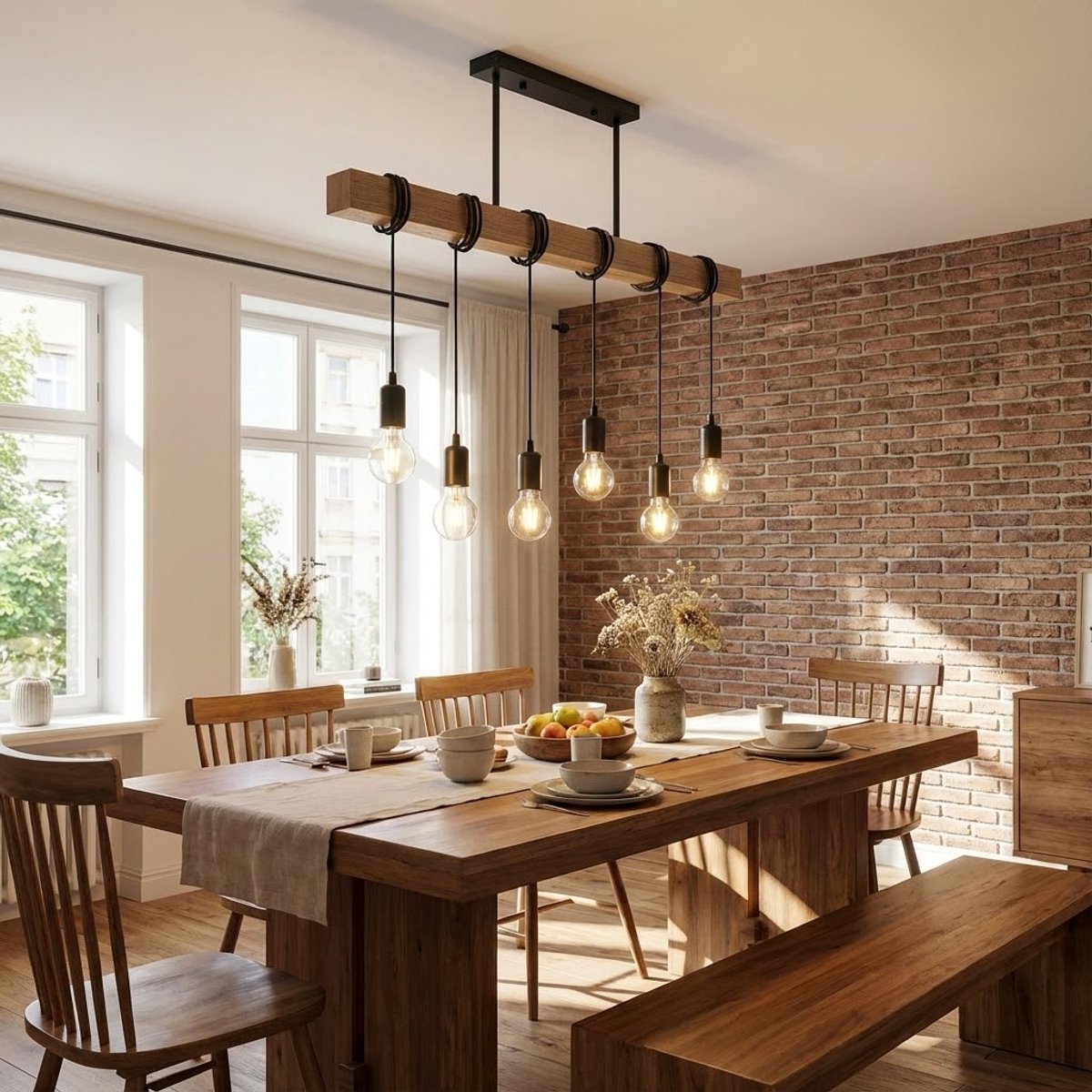 Landelijke Hanglamp Hout | 80CM | 6 x E27 fitting | Zwart