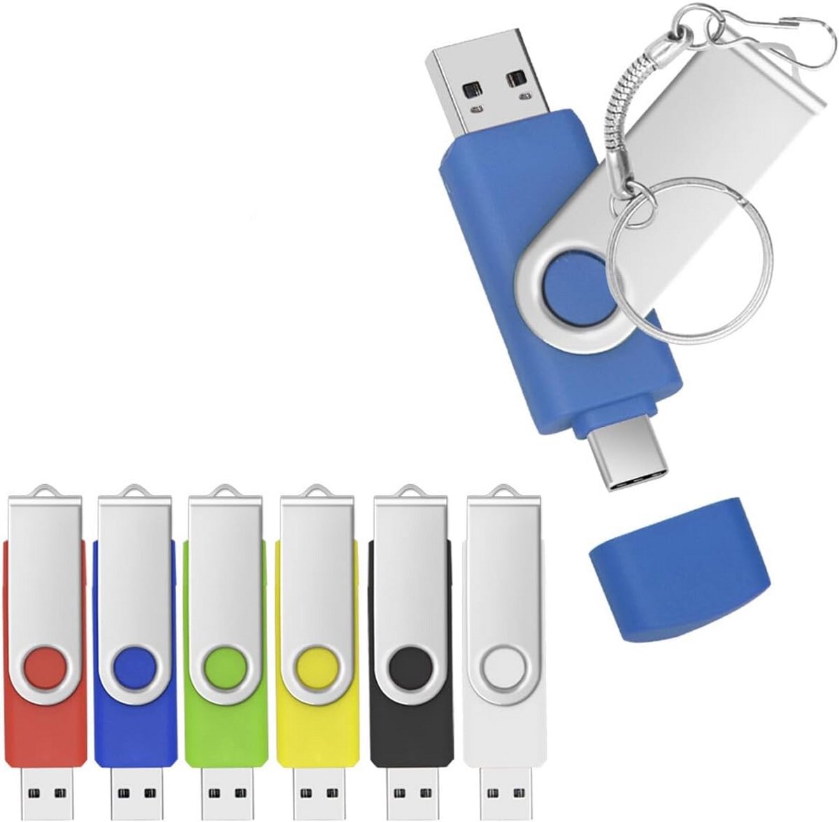 6-Pack USB C & USB 2.0 Geheugenstick 32GB - Dual OTG Flashdrive in Kleurrijk Metaal