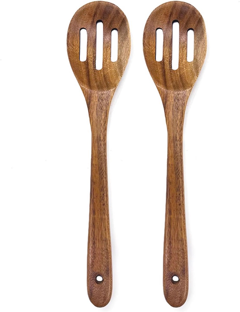 Set van 2 Houten Kooklepels - 30,5 cm Sleuflepel en Serveerspatel van Acaciahout