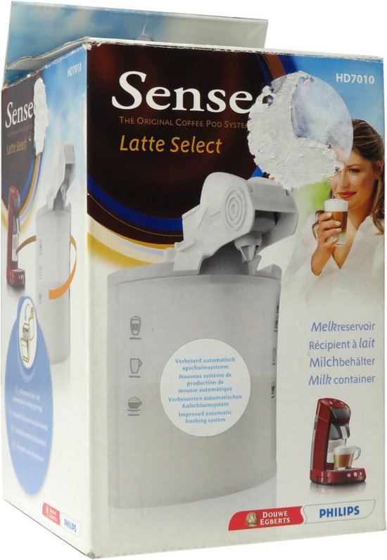 Emballage Senseo Latte Select HD7010 avec réservoir à lait et illustrations de boissons au café.