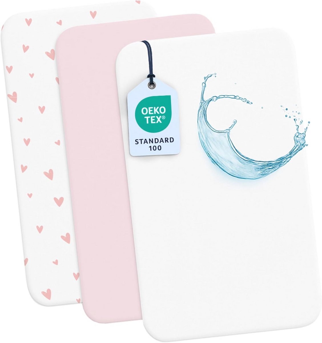 Set van 2 Co-sleeping Hoeslakens en 1 Waterdichte Matrasbeschermer voor Kinderen - 50x83 cm - Soft Katoen met Hartpatroon