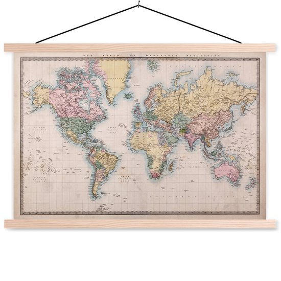 Porte-affiche avec affiche - Affiche scolaire - Carte du Wereldkaart - Vintage - Monde - 150x100 cm - Lattes vierges