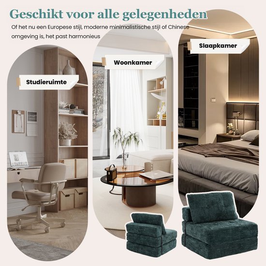 Smaragdgroene chenillestof futon opgevouwen en uitgevouwen, passend in studeerkamer, woonkamer en slaapkamer.