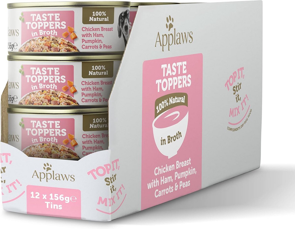 Natuurlijk Hondenvoer Blik: Kippenborst met Ham en Groenten in Bouillon (12x 156g)
