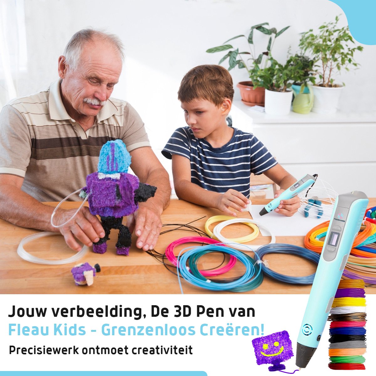 Fleau Kids 3D Pen Starterspakket Blauw XXL - 150m Filament - 30 Kleuren Vullingen - 2025 USB-C model + Vele Extra's - Knutselen en Tekenen - 3D Printen - Tekenset — afbeelding 11