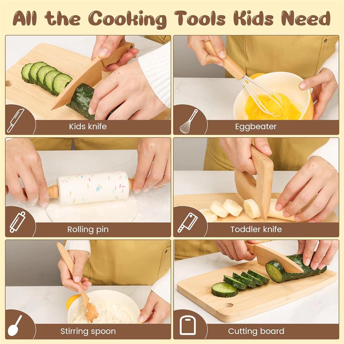 10-delige houten keukengereedschapset voor peuters, houten kinderveilige messen, educatief speelgoed, kinderbakset voor echt koken, Montessori keukengereedschap voor jongens en meisjes, rollenspel voor kleine chef-koks — afbeelding 5