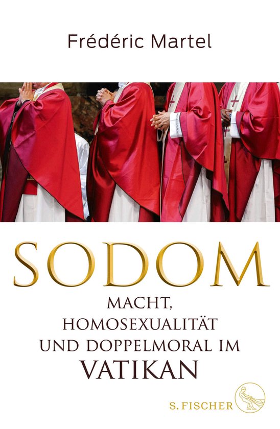 Boekomslag met priesters in rode kazuifels, titel: SODOM, MACHT, HOMOSEXUALITÄT UND DOPPELMORAL IM VATIKAN door Frédéric Martel.