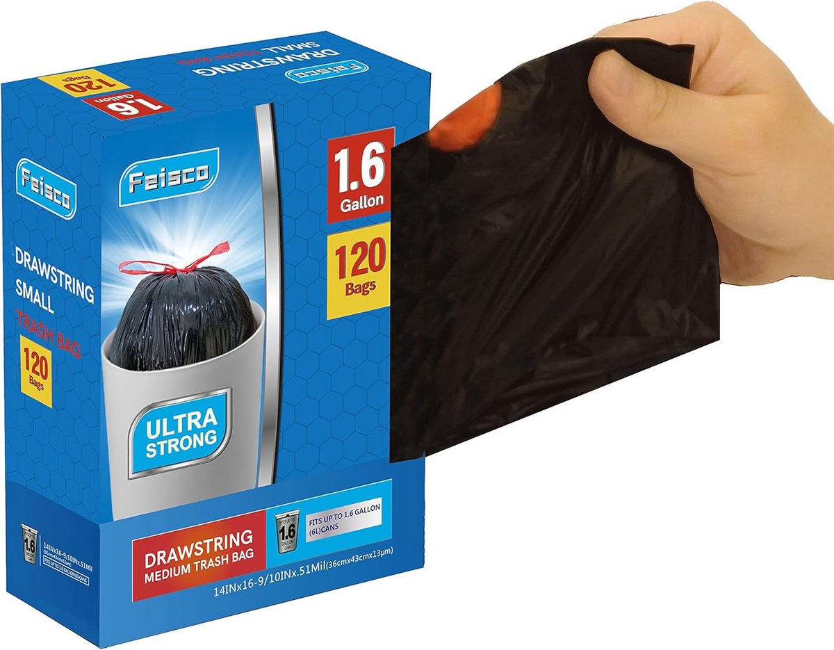 Zwarte vuilniszakken met trekkoord 6 liter, 120 stuks, 0,51 Mil dik
