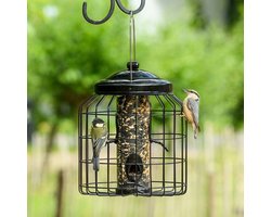 CJ Wildlife Voedersilo met Beschermkooi voor Tuinvogels - Brussel - Vogelvoedersilo voor Kleine Vogels - Hangend Vogelvoederhuisje - Vogelvoer Silo - Zwart