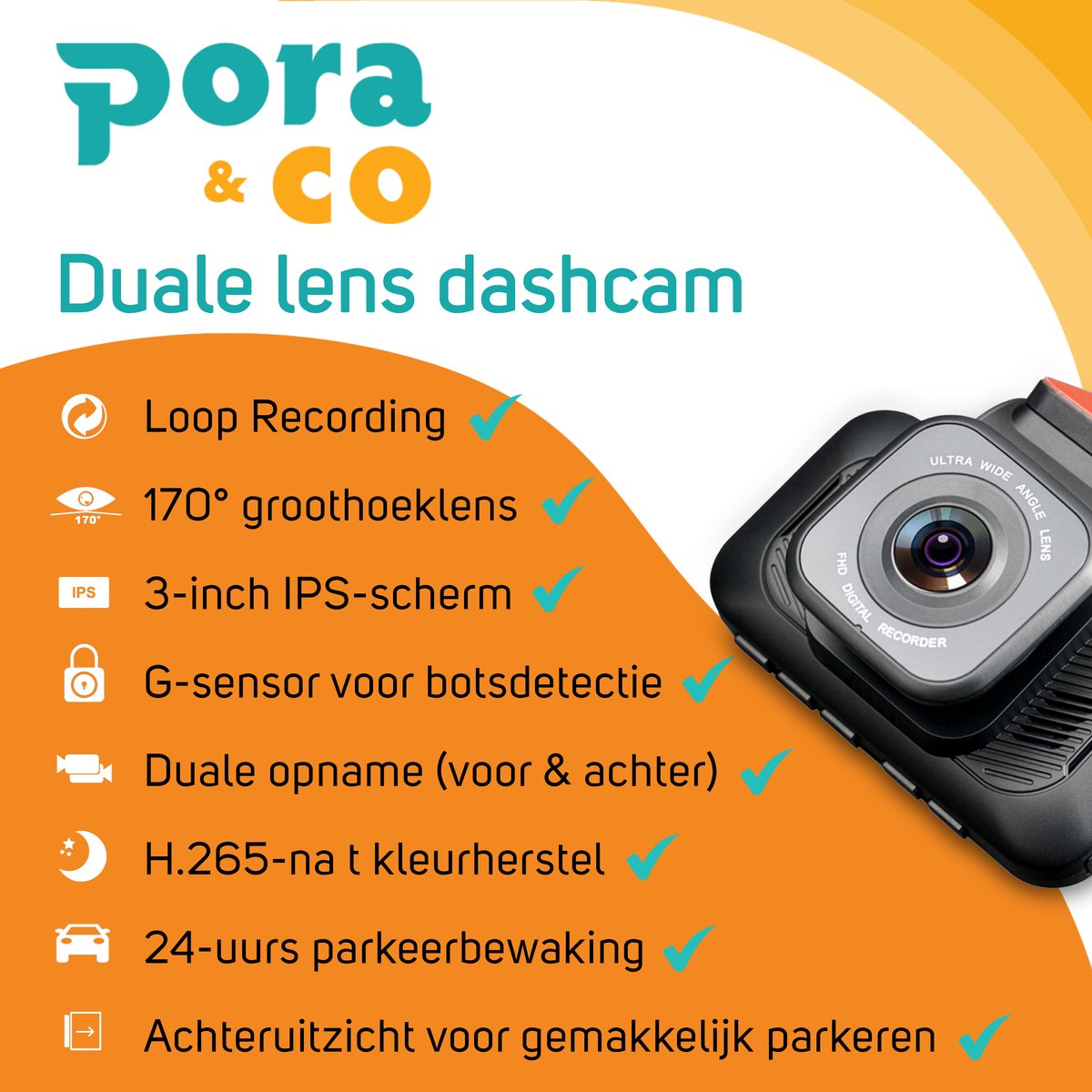 Pora&Co Dashcam 4K Ultra HD – 3 Inch LCD Scherm – Auto Camera met Nachtzicht & Loop Recording – foto 2