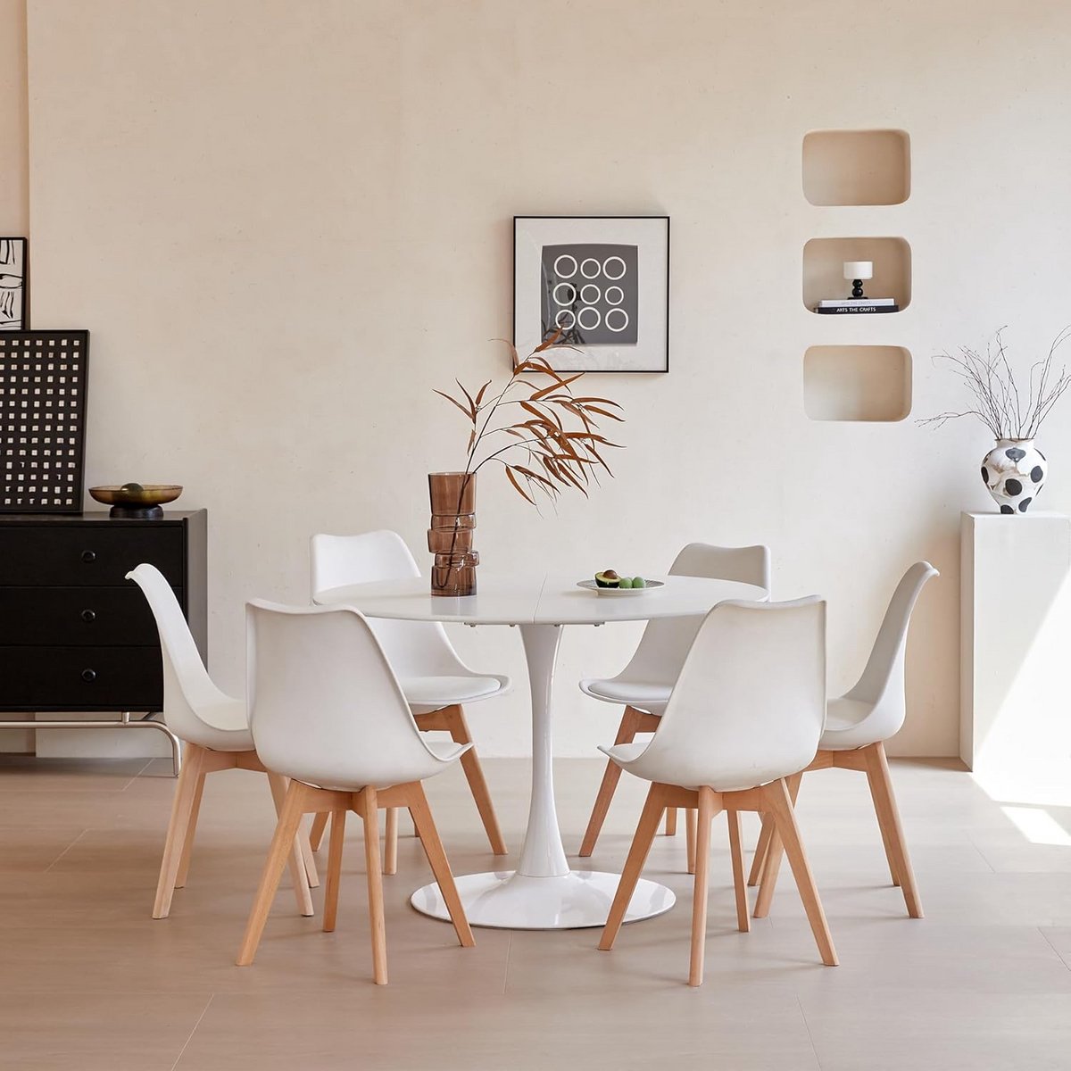 Ronde Eettafel Set met 6 Witte Stoelen voor Eetkamer of Keuken