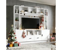 180*35*170cm tv-wandmeubelset met vitrinekast, mediameubel incl. tv-boardset en plank, tv-woonkamermeubelset met 2 kasten, 2 lades, 11 opbergvakken, aanbouwwand, woonkamerwand, tv tot 60 inch, wit
