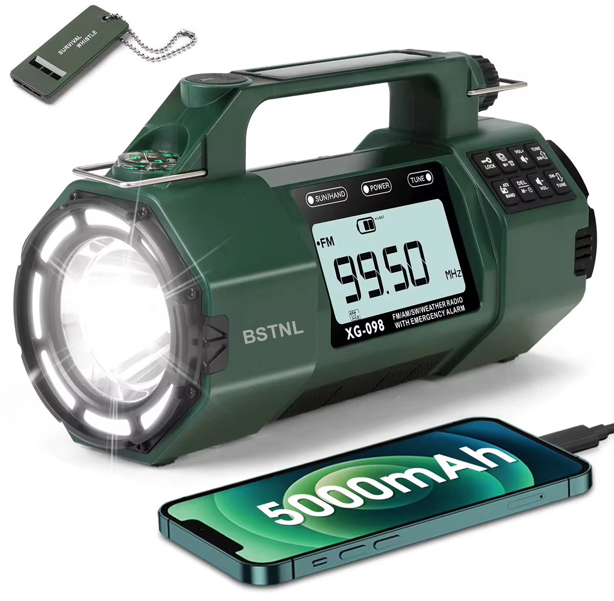 BSTNL Noodradio Solar Opwindbaar en Batterij - 2026 Editie - Draagbare Survival Radio - 5000 mAh - Powerbank Zonneenergie - Noodpakket - Zaklamp - Groen