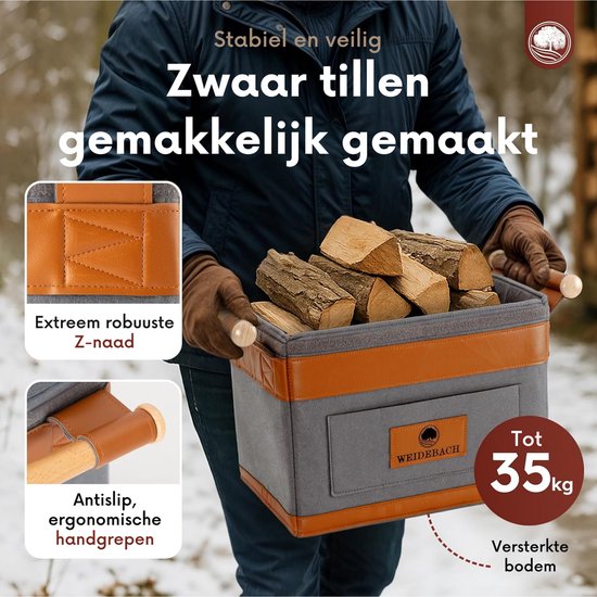 Man draagt grijze mand met bruine accenten, gevuld met brandhout. "Extreem robuuste Z-naad, Antislip, ergonomische handgrepen".