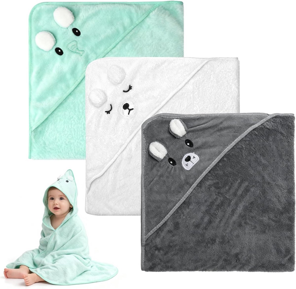 Set van 3 schattige babyhanddoeken met capuchon - 80 x 80 cm - Perfect voor baby's en peuters