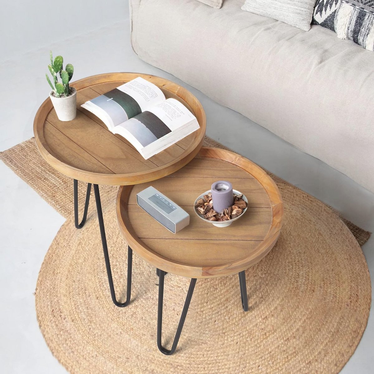 Ronde Nesttafels Set van 2 voor Woonkamer en Slaapkamer - Houten Bijzettafels