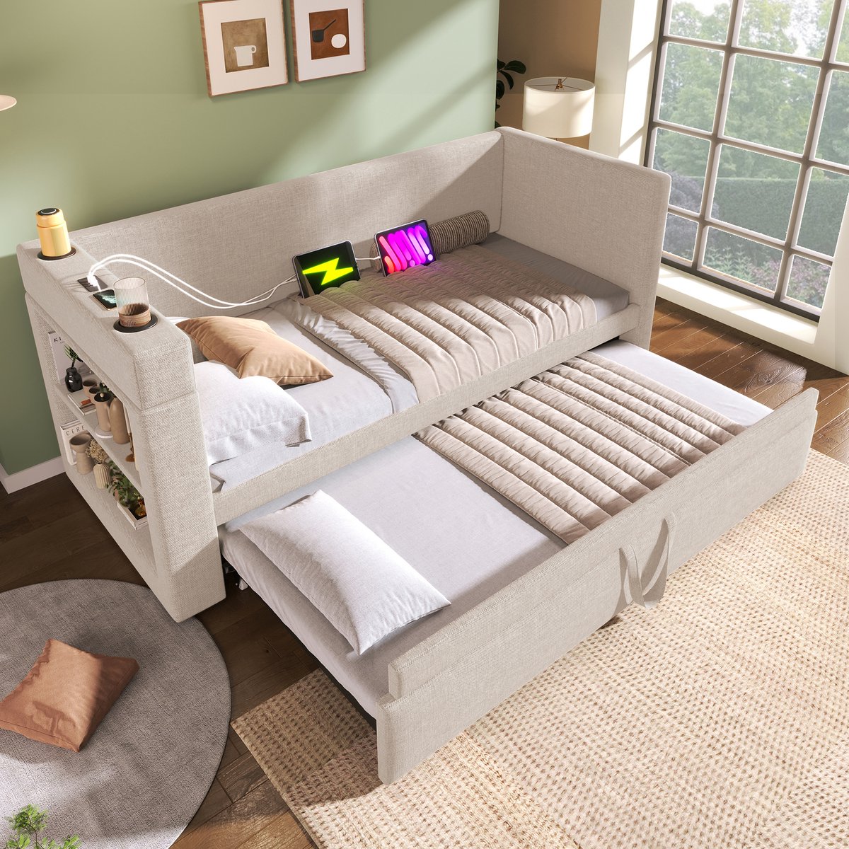 STILVORA Gestoffeerd Dagbed 90x190 cm - Met Uittrekbed en USB/Type-C Oplaadpunt - Met Opbergvakken en Drinkhouders - Katoen-Linnen - Beige - Zonder matras