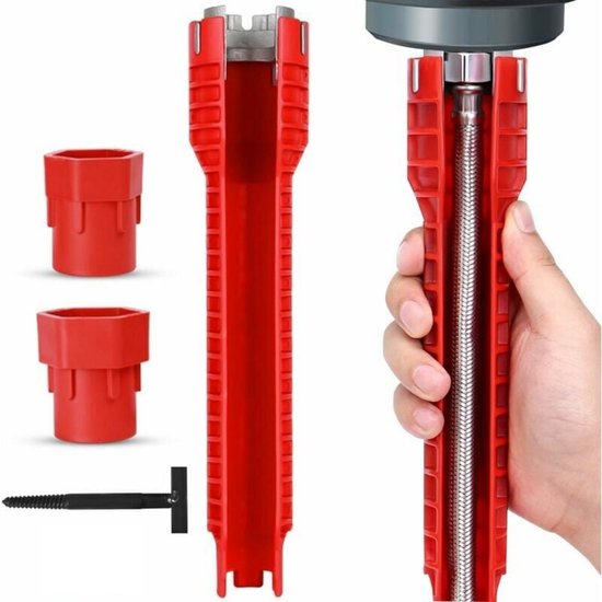 Outil d'installation de robinet : clé rouge, embouts argentés, extracteur de vis.