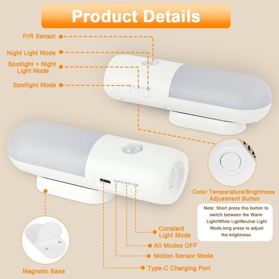 Dimbare LED Nachtlamp met Bewegingssensor en Oplaadbaar Design - 2 Stuks voor Veiligheid in Huis van Merkloos — afbeelding 3