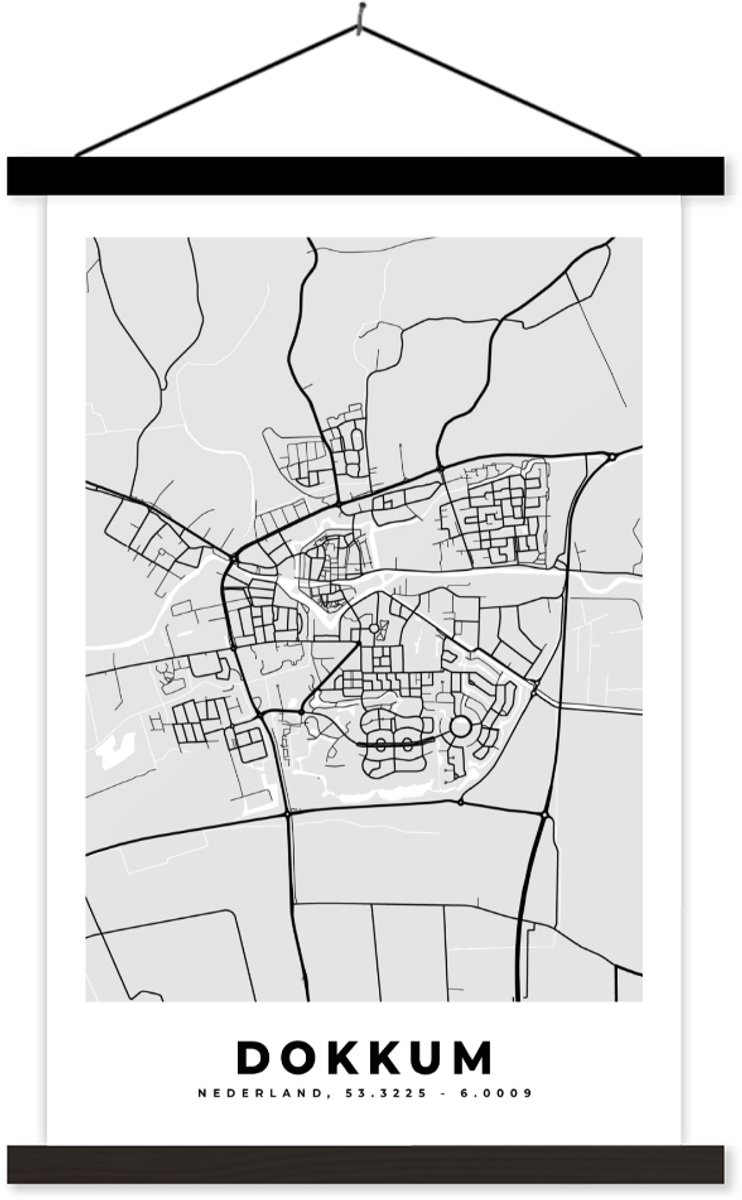 Posterhanger incl. Poster 120x180 cm - Schoolplaat - Stadskaart - Dokkum - Grijs - Wit - Textielposter - Zwarte latten