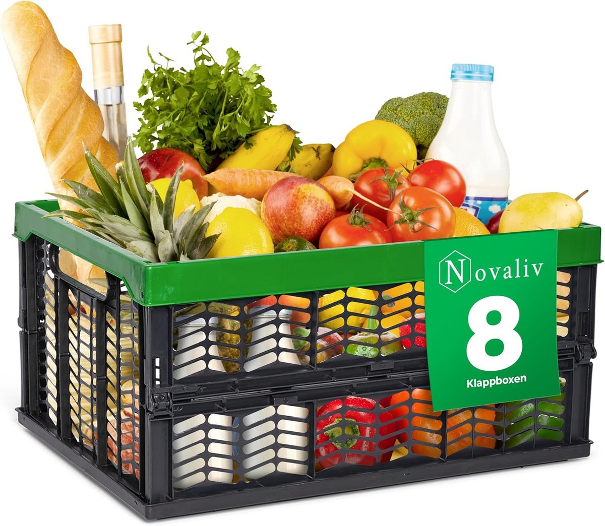 Opvouwbare Boodschappenkratten Set van 8 - 30L Opslagboxen - Groen en Zwart