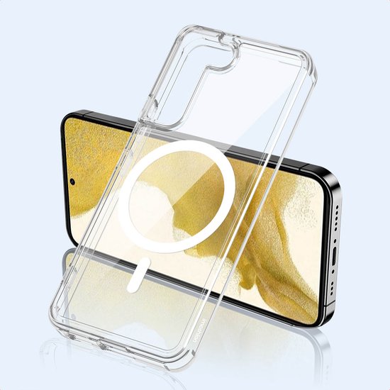 Transparante telefoonhoes met magnetische ring, over een telefoon met wit scherm.