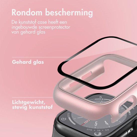 Rosegouden smartwatch case met ingebouwde screenprotector van gehard glas.